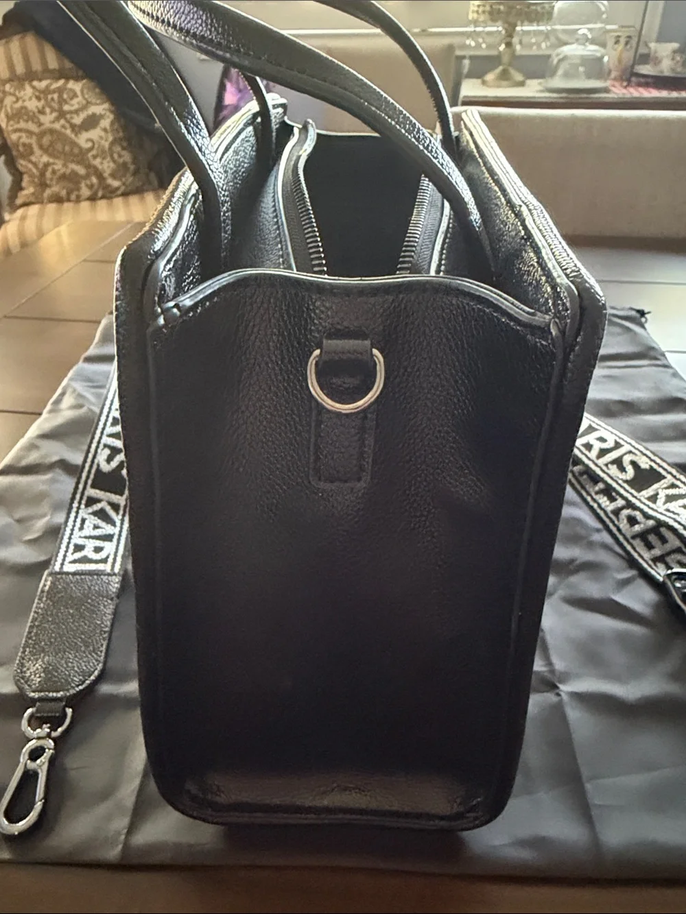 Karl Lagerfeld Black Crystal-Embellished Satchel with Branded Strap